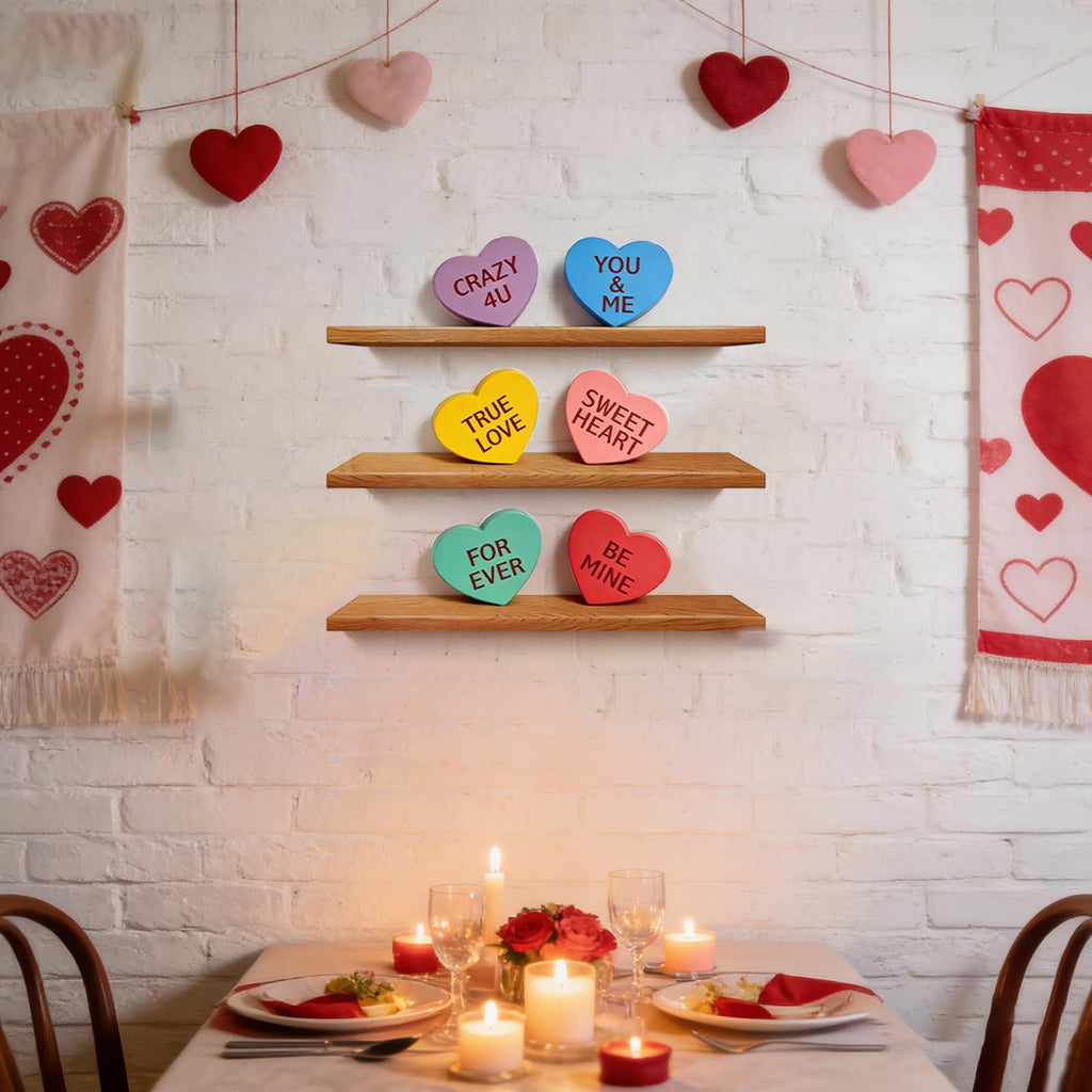 Valentines Day Decorations, 6 PCS Double-sided Wooden Valentine's Conversation Hearts for Tiered Tray Shelf Mantel Office Decor Freestanding Tabletop Wood Block Sweet Sayings for Home Decor Wedding