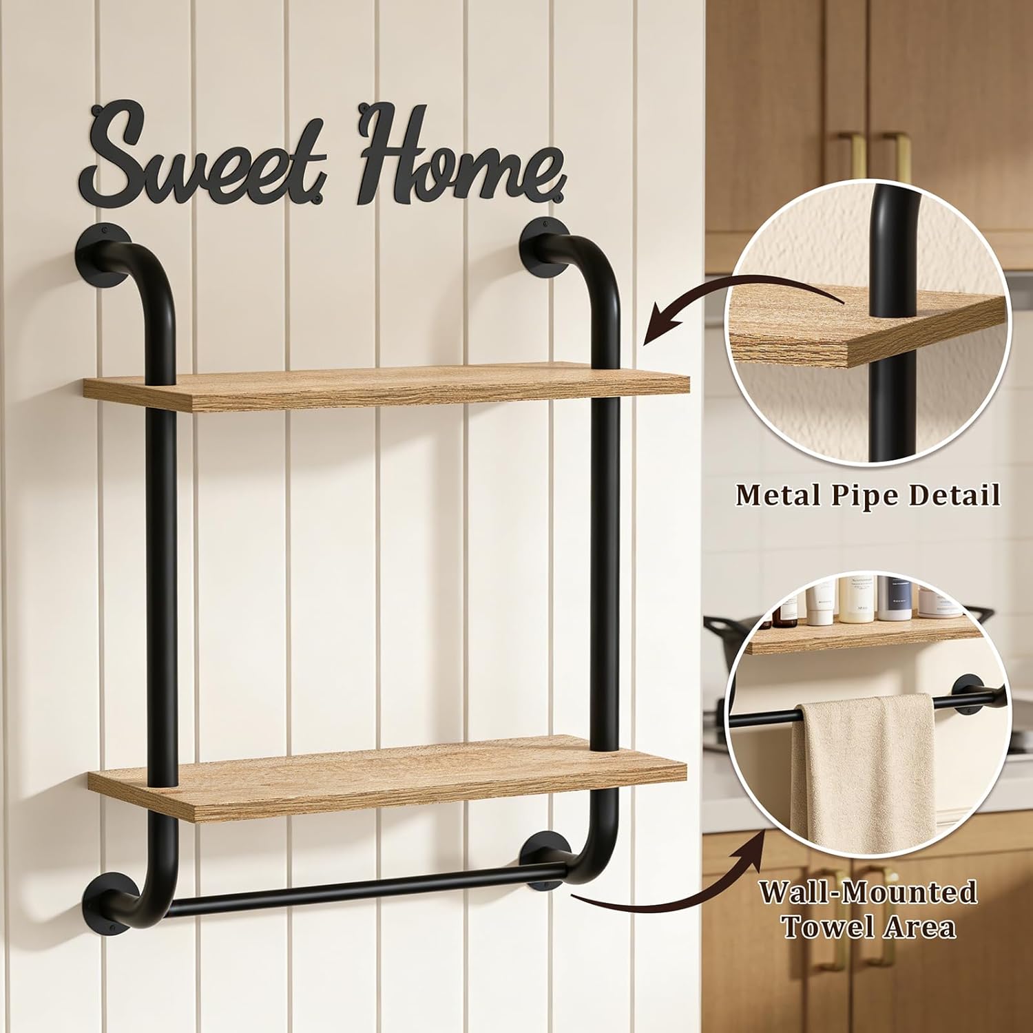 Tinpin Rustic Farmhouse Wall-Mounted Bathroom Shelves - 2-Tier Industrial Floating Shelf Decor | 17.3 Inch