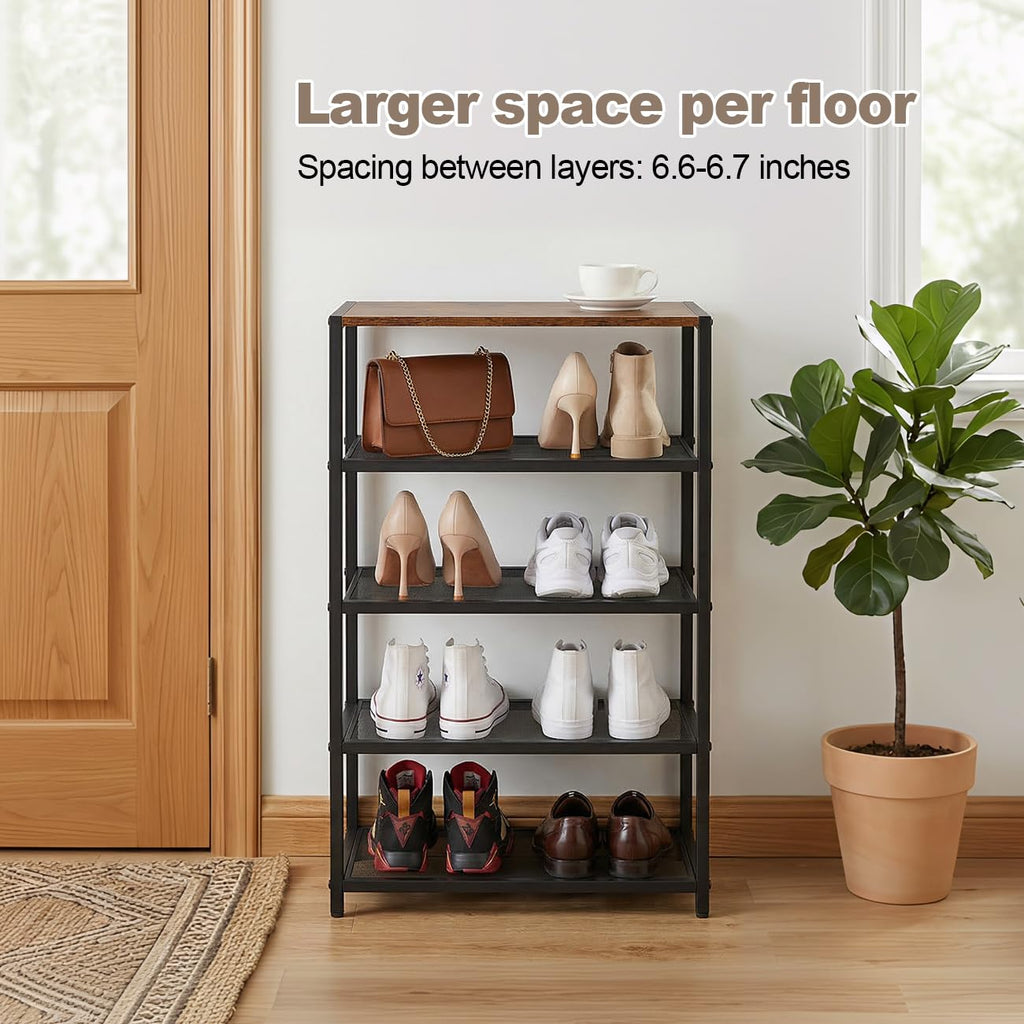 RUNJIMY Narrow Shoe Rack for Front Door Entrance, Entryway, and Closet Shoe Organizer with 4 Sturdy Metal Mesh Shelves and Wooden Top, Holds 10 Pairs, Ideal for Storage or Display