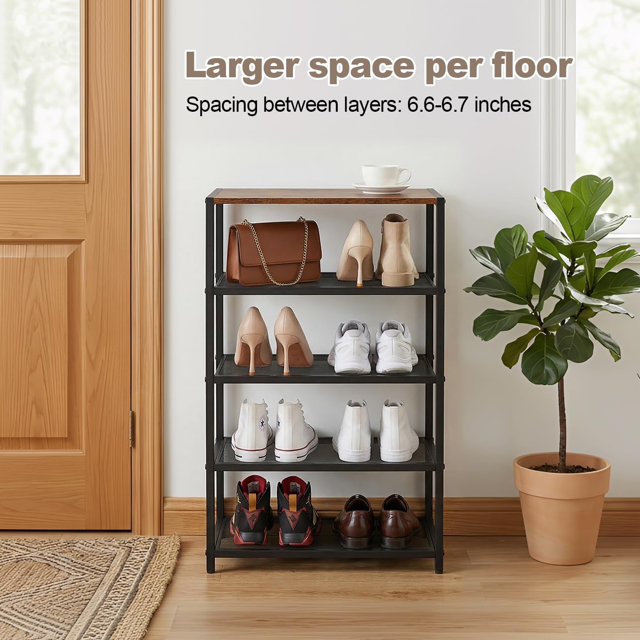 RUNJIMY Narrow Shoe Rack for Front Door Entrance, Entryway, and Closet Shoe Organizer with 4 Sturdy Metal Mesh Shelves and Wooden Top, Holds 10 Pairs, Ideal for Storage or Display