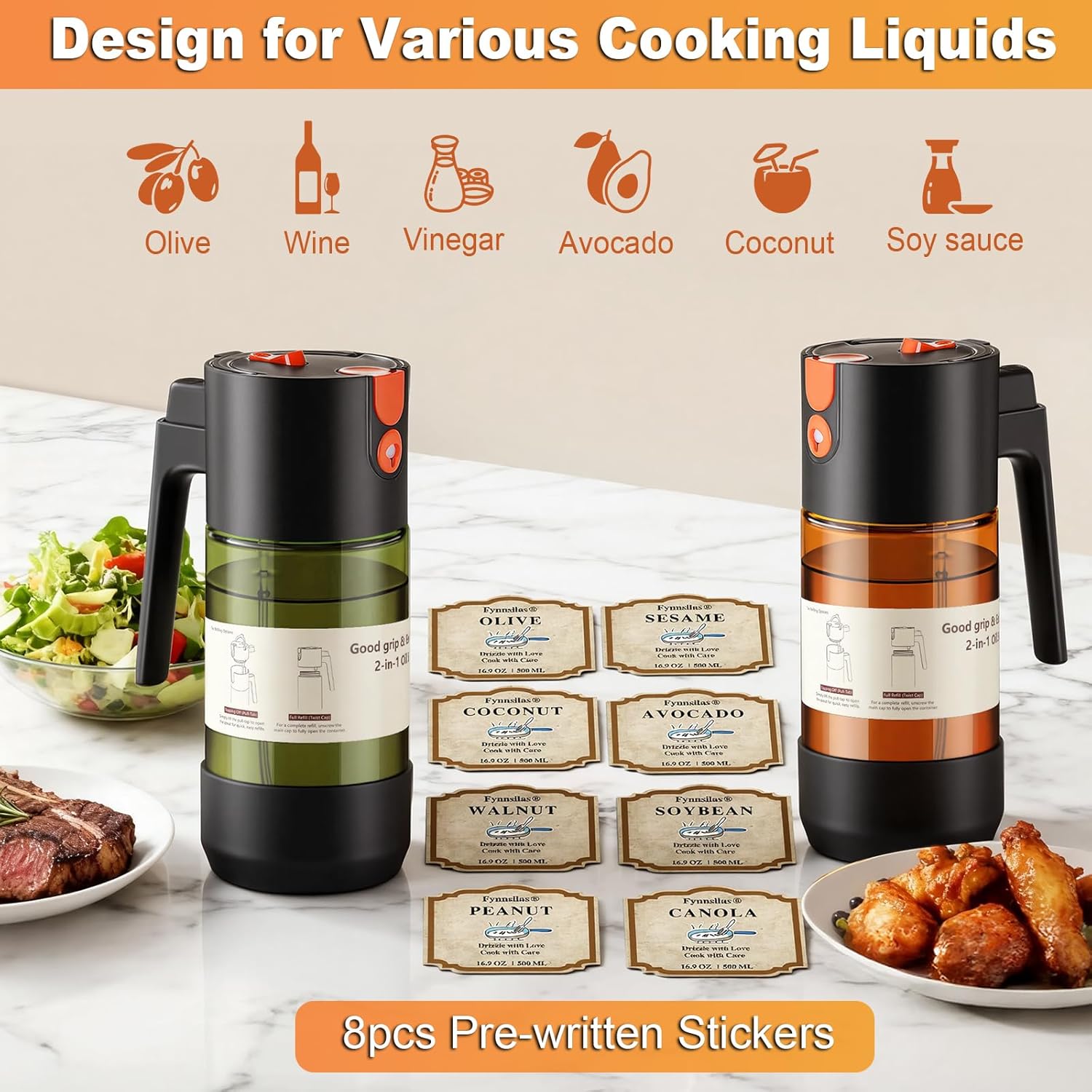 Skiennix 2-IN-1 Oil Sprayer - Light-Blocking Dark Glass Olive Oil Dispenser | 500ml/16.9oz for Cooking & BBQ