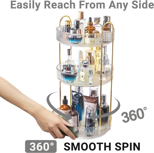 Asayuee 360 Rotating Makeup Organizer - Large 3-Tier Storage for Skincare & Cosmetics | Clear Finish