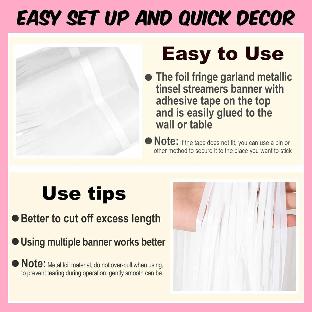 Macaron | 10 Ft White Foil Fringe Garland - Metallic Tinsel Banner for Party Decorations