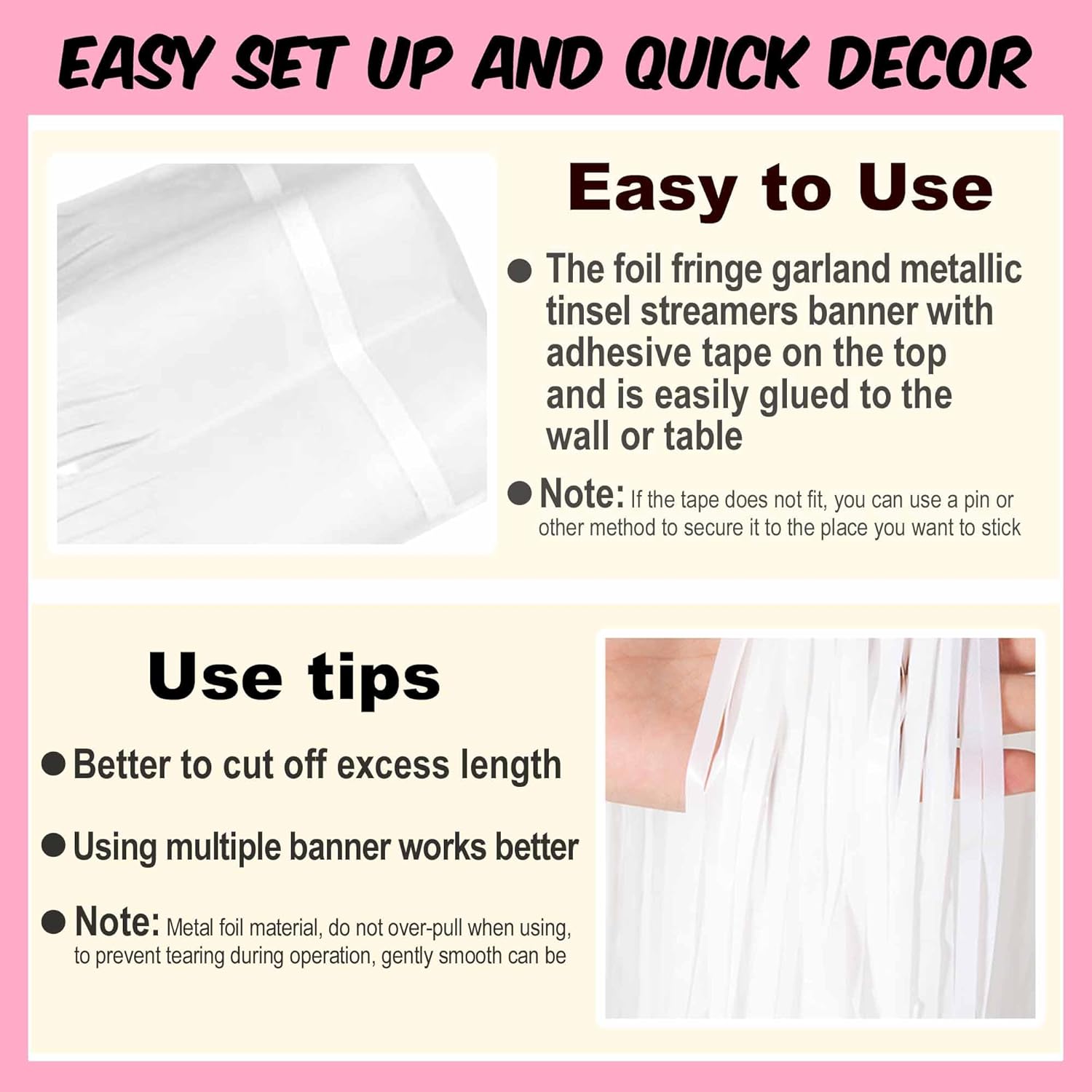 Macaron | 10 Ft White Foil Fringe Garland - Metallic Tinsel Banner for Party Decorations