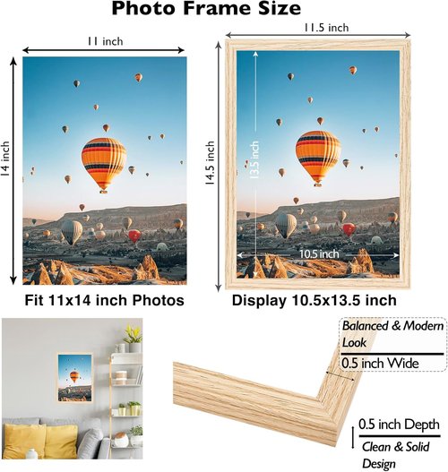 JCJMY 11x14 Picture Frame - Versatile Wall Mounting for Horizontal or Vertical Display | Natural Finish with Shatter-Resistant Plexiglass