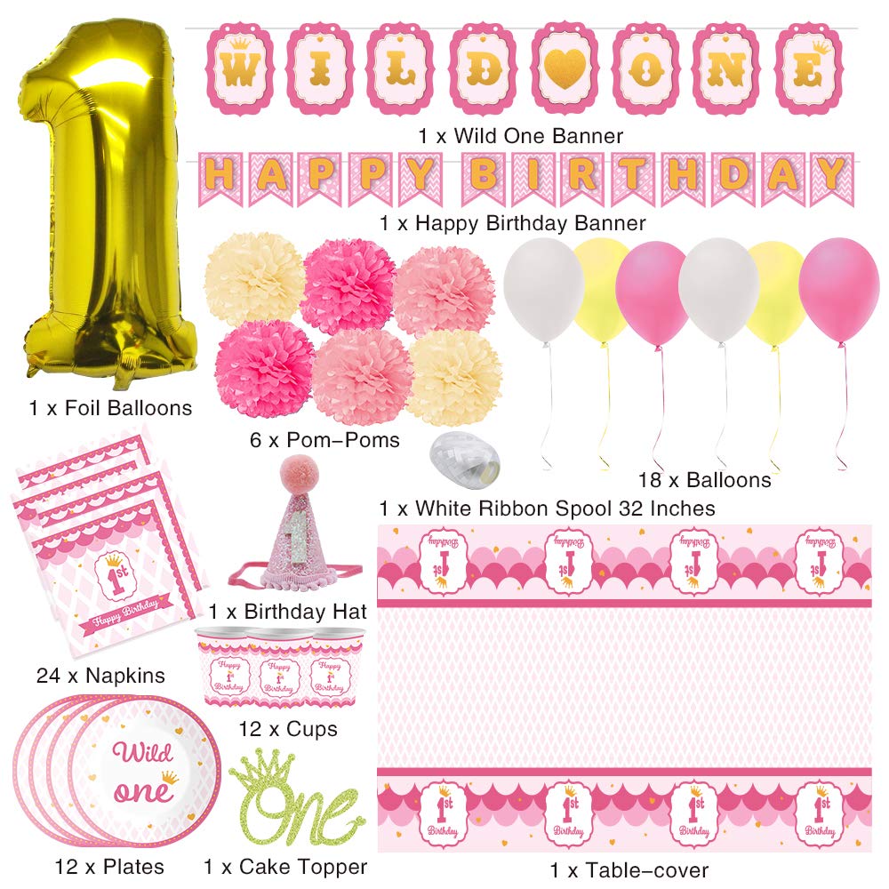 JOYIN 1st Girl Birthday Supplies Decoration Wild Set (Happy Banners, Hat, Foil Balloon Confetti Balloon, Cake Topper, Plates, Cups, Napkins, Tableware, Pom-poms Balls) for One Baby First Bday Party.