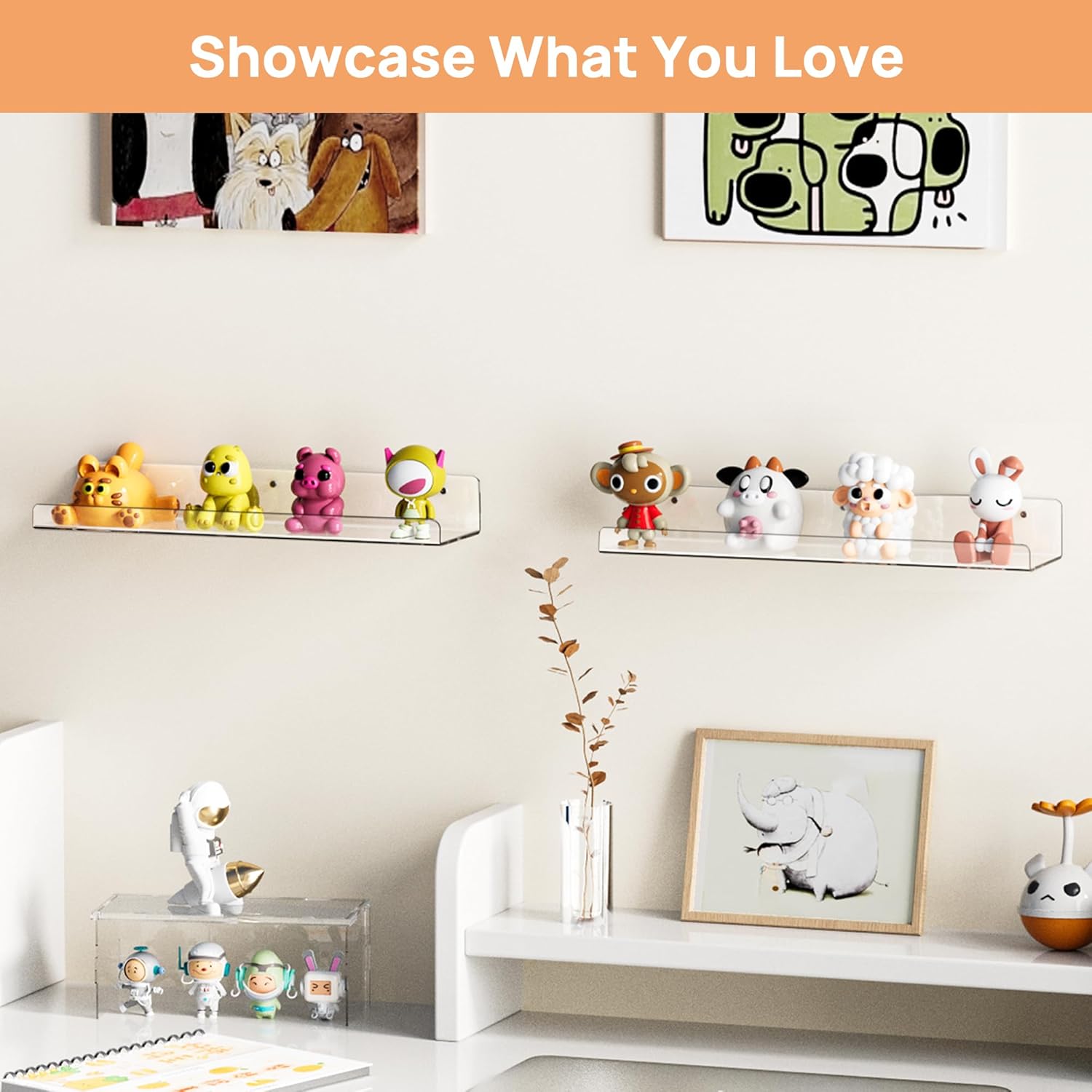Upsimples Acrylic Floating Shelves - 15” Wall Organizer for Bathroom, Bedroom & Nursery | Clear 2-Pack