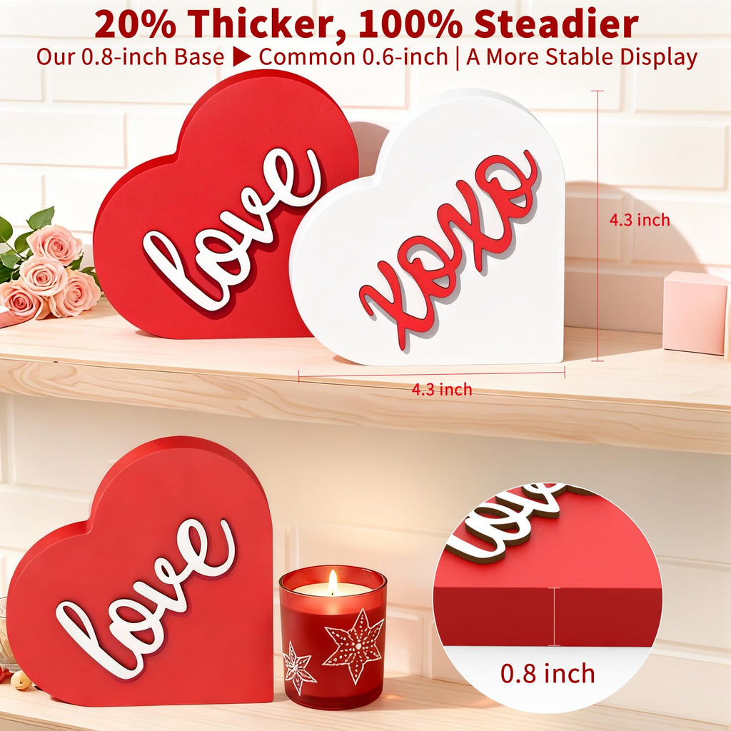 OLANRUN Valentines Day Decorations - 2 Pack Wooden 3D XOXO Love Heart Sign - 4.35 Inch Valentines Day Table Decor - Valentine Decorations for Home Office Bedroom Mantel Tiered Tray Shelf (Red White)