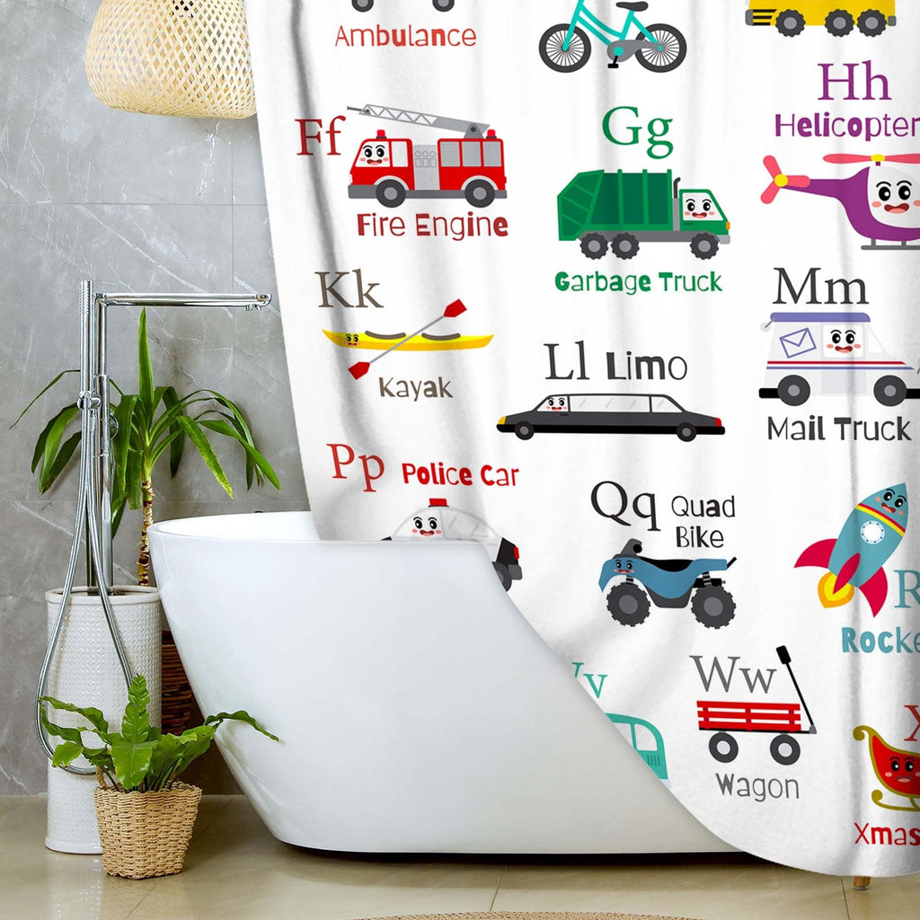 Grtuspr Vehicles Alphabet Shower Curtain for Kids, Kid Excavator Tractor Machinery Trucks Curtain, Construction Vehicle Boys, Bulldozer Crane Bath Equipment Truck