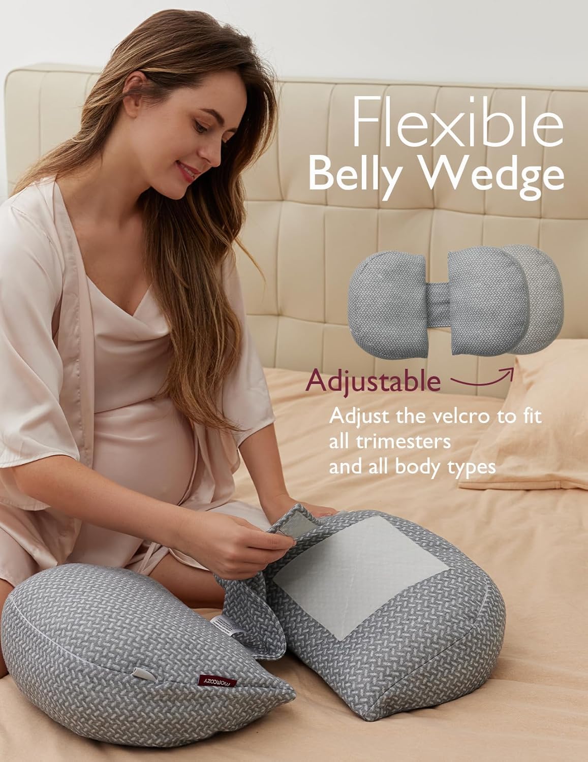 Momcozy Portable Pregnancy Pillow - W Shaped Maternity Support for Side Sleepers | Adjustable Travel Wedge for Back, Belly & Hip Relief - Deep Grey