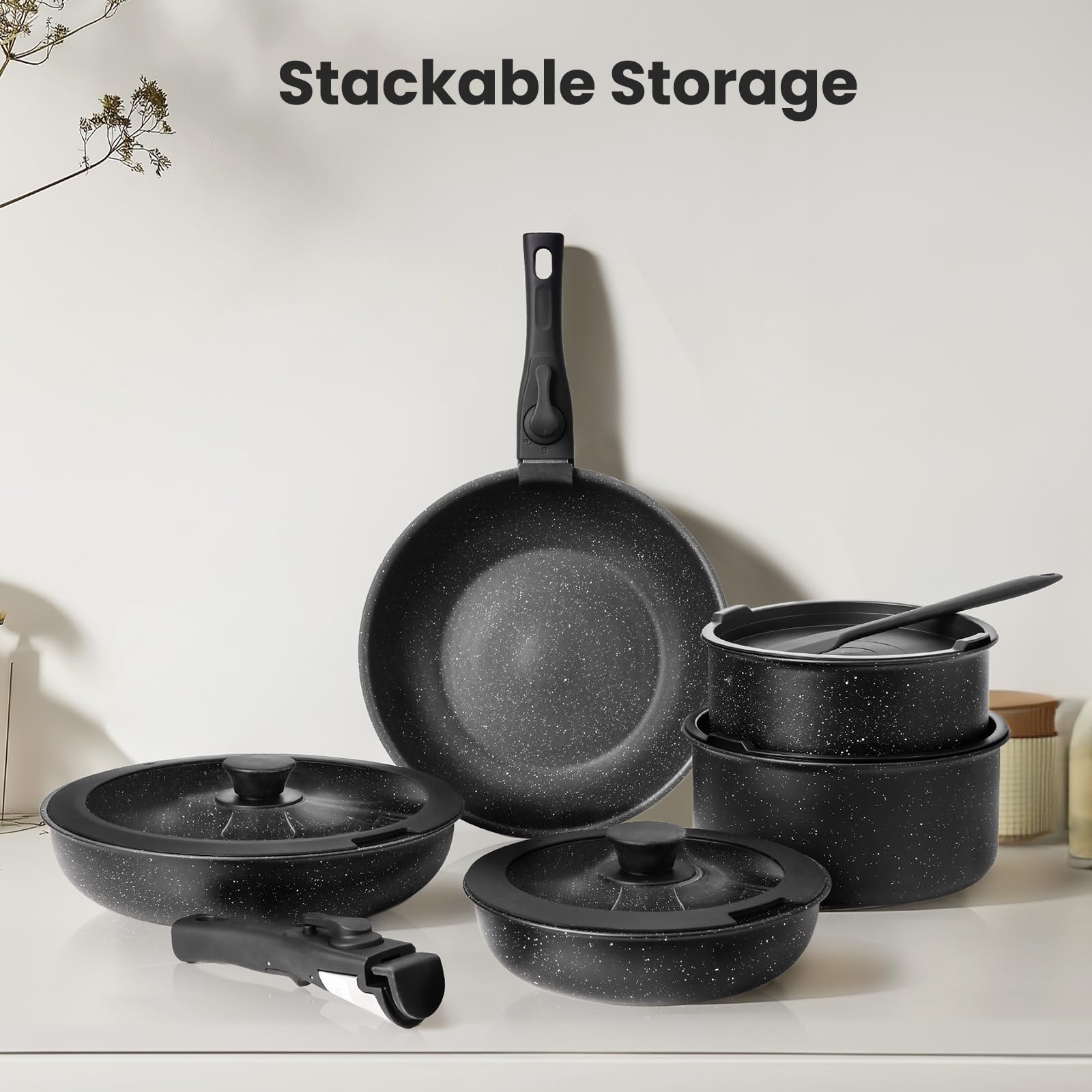 12 Pcs Pots and Pans Set, Nonstick Kitchen Cookware Sets Detachable Handle, Induction Healthy Non Stick RV Cookware, Dishwasher ＆ Oven Safe, Black