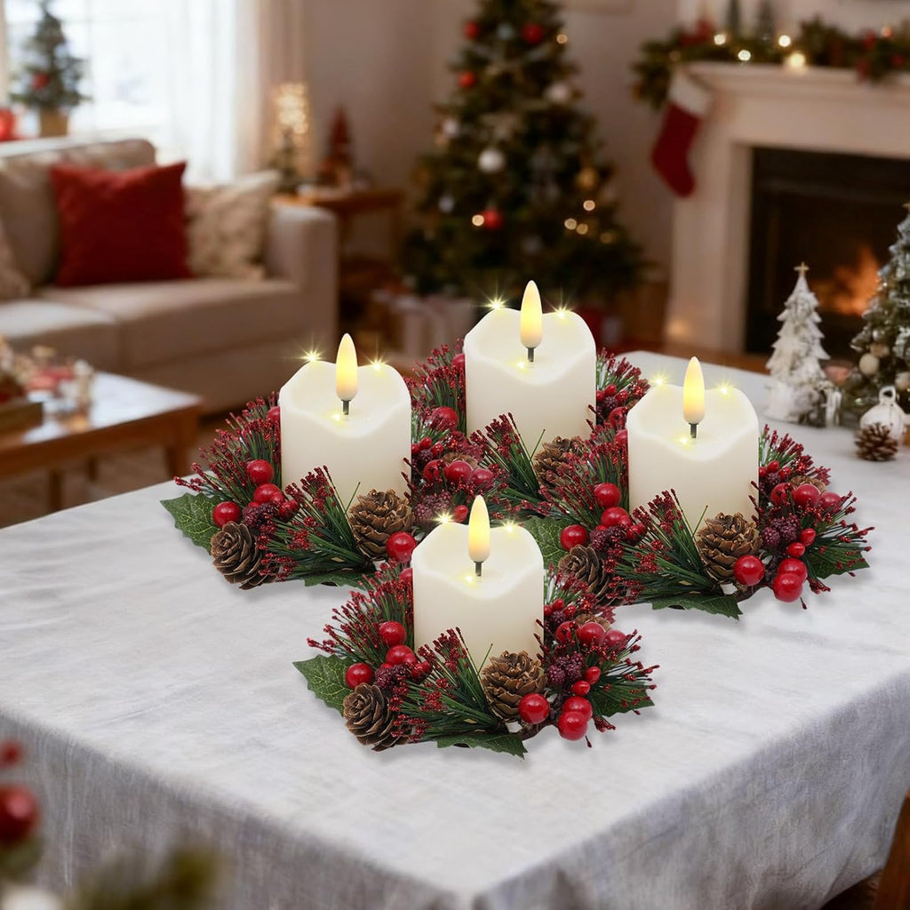 Regine Switzerland Candle Rings Set of 6 - Festive Christmas Wreaths with Red Berries & Pinecones
