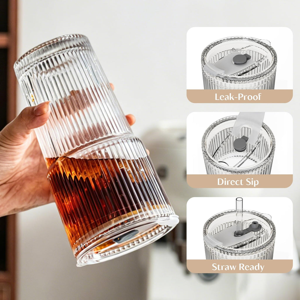 INSETLAN 20 oz Ribbed Glass Tumblers with Lids and Glass Straws – 2-Piece Glassware Set, Heavy-Duty Tumblers, Ideal for Iced Coffee, Smoothies, Cocktails, and Juices – Elegant and Durable Drinkware