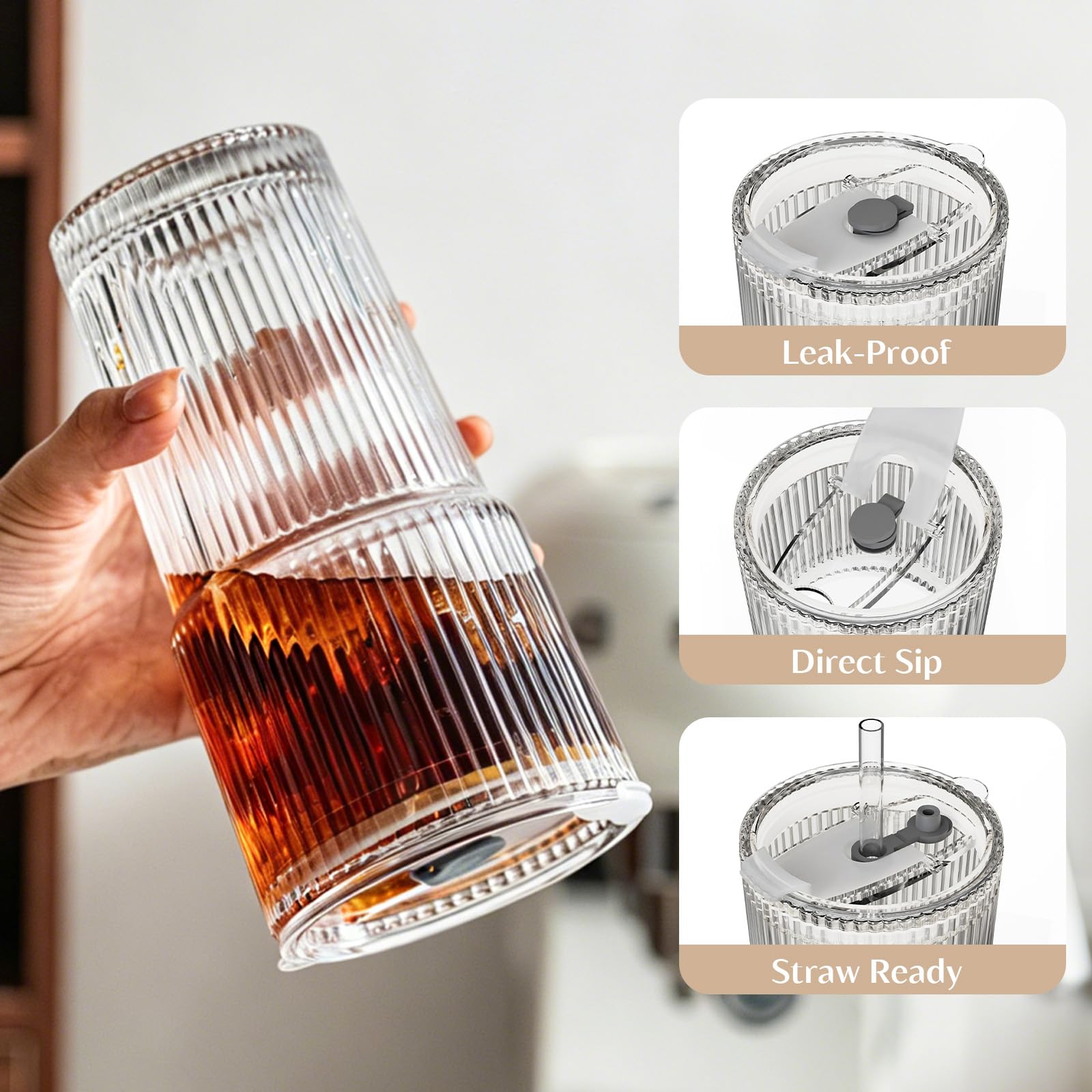 INSETLAN 20 oz Ribbed Glass Tumblers with Lids and Glass Straws – 2-Piece Glassware Set, Heavy-Duty Tumblers, Ideal for Iced Coffee, Smoothies, Cocktails, and Juices – Elegant and Durable Drinkware