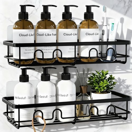 Adhesive Shower Caddy - Large Capacity Bathroom Organizer | No Drill Black Shower Shelves, 2 Pack