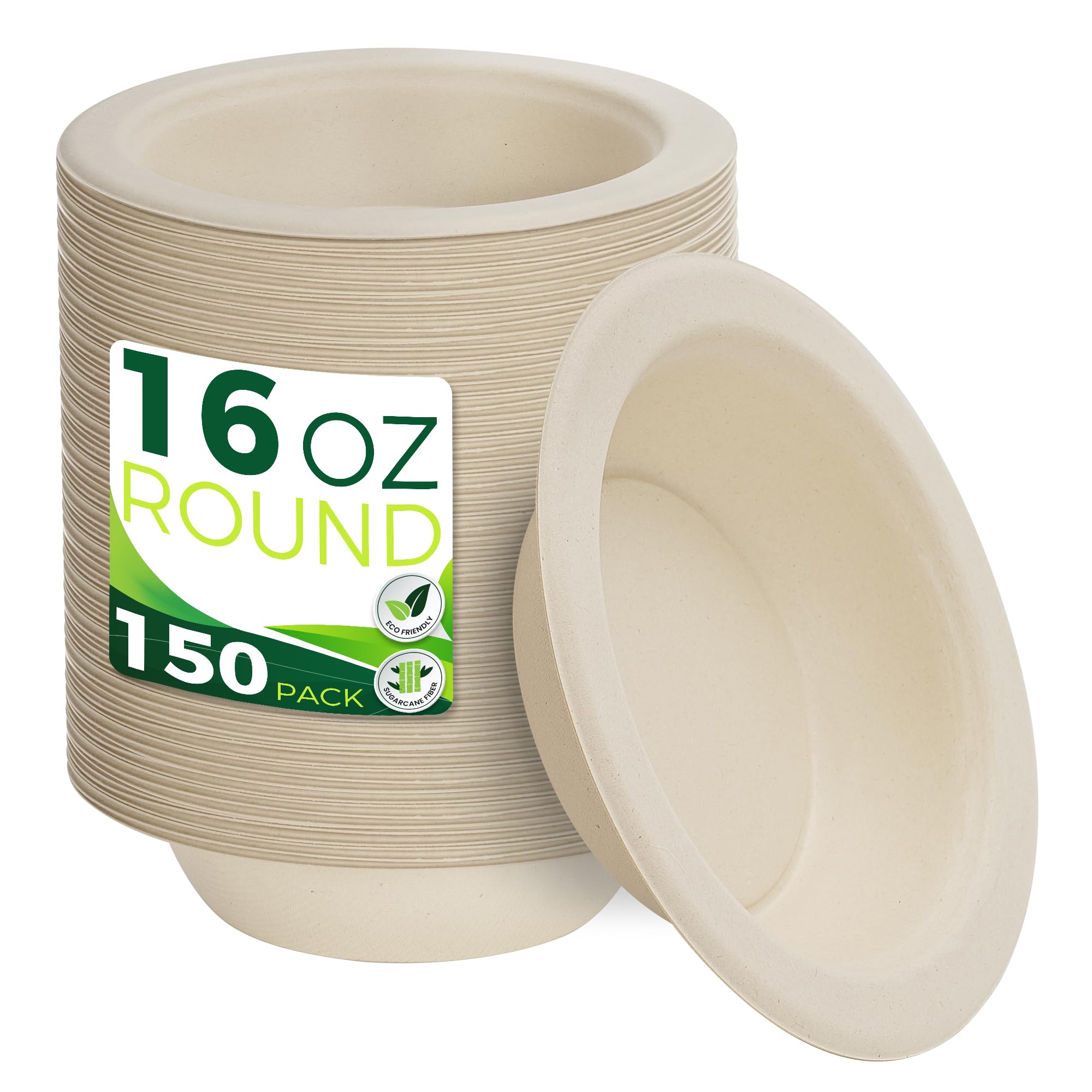 BIRCHIO Paper Bowls 16 oz [150-Pack], Heavy Duty Disposable Bowls Perfect for Hot Soup and Milk Cereals, 100% Compostable and Eco-Friendly Made from Bagasse