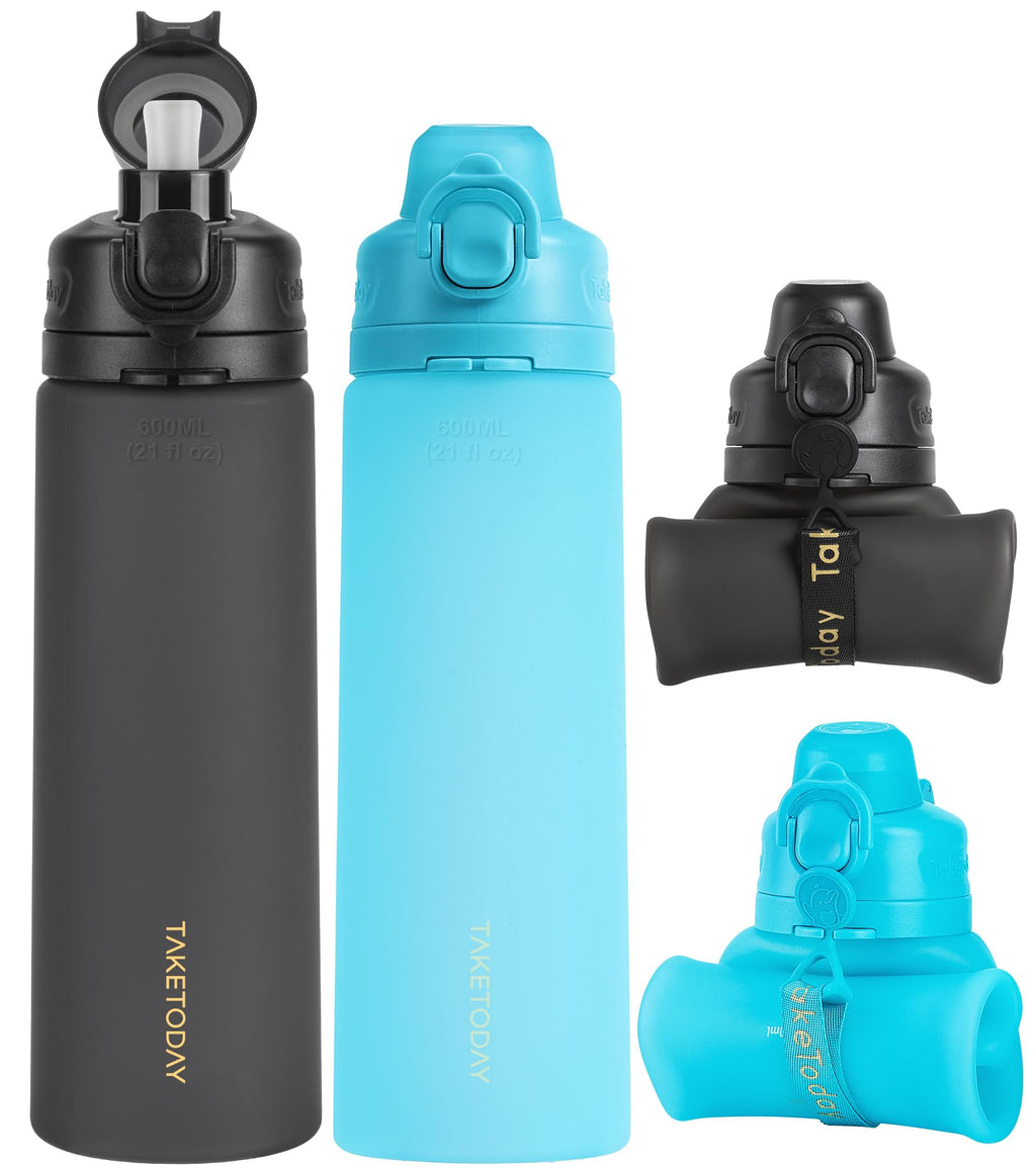 TakeToday Collapsible Water Bottles 21oz (2 pack), Foldable Platinum Silicone Travel Water Bottle with Straw & Carry Strap, Leak-Resistant Screw Lid, Wide Mouth, BPA-Free for Hiking, Camping, Travel