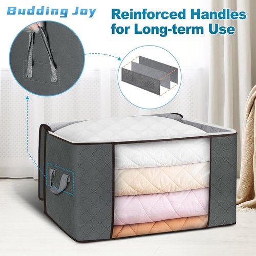 Budding Joy | Foldable Large Blanket Storage Bags - 60L Capacity, Enhanced Handles, 6-Pack Gray