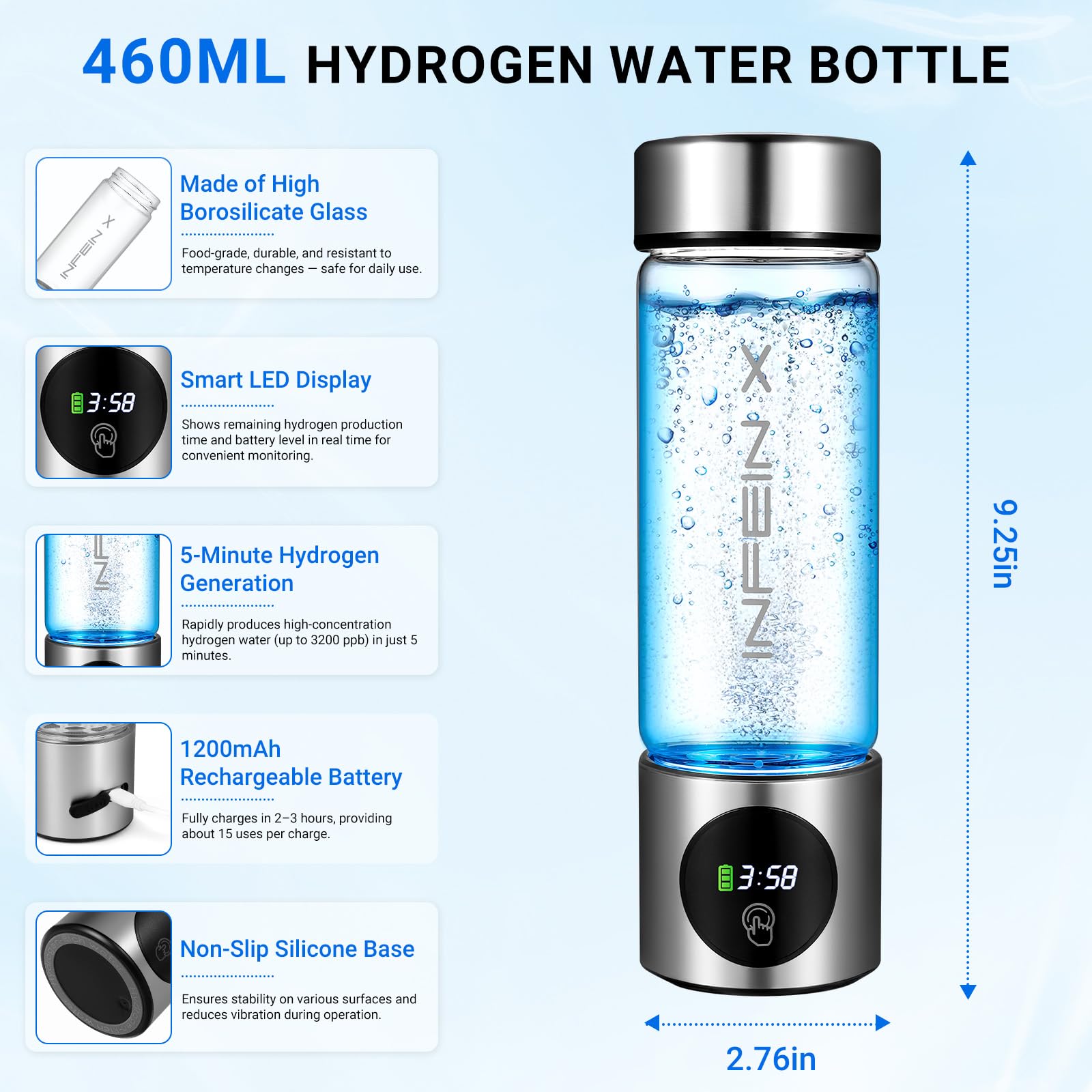 Hydrogen Water Bottle, 3000PPB Portable Hydrogen Water Ionizer Machine, Rechargeable Hydrogen Water Bottle Generator with SPE & PEM Tech, Hydrogen Water Cup for Gym Office Home Travel