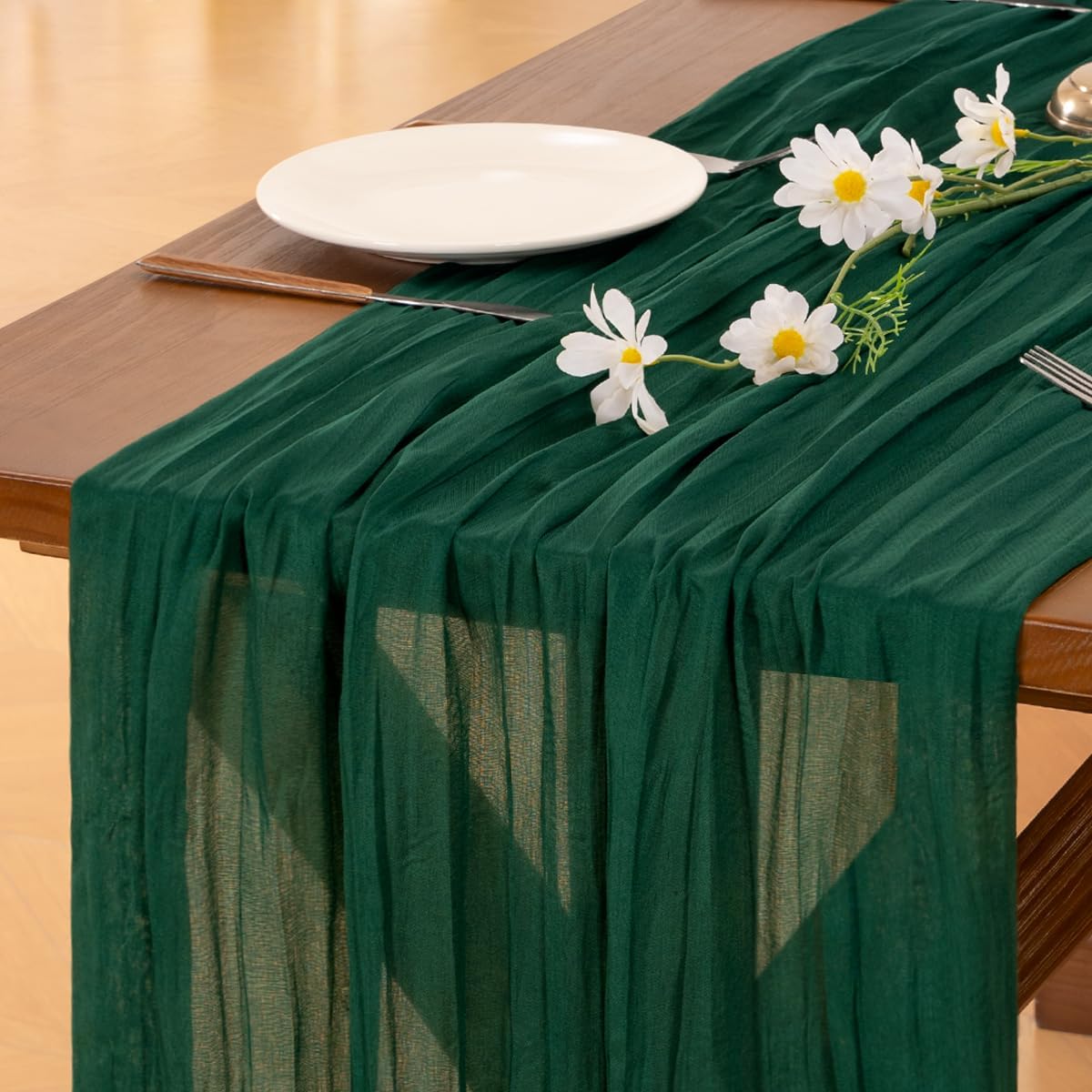 Socomi Emerald Green Cheesecloth Table Runner - 120 Inch Rustic Gauze for Weddings & Events