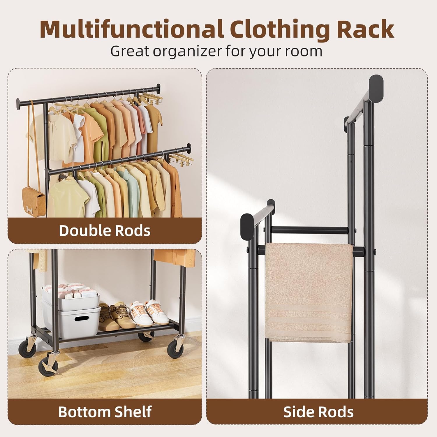 Simple Trending Clothes Rack - Double Rod Metal Garment Rack with Rolling Wheels | Portable Wardrobe for Bedroom & Laundry - Black