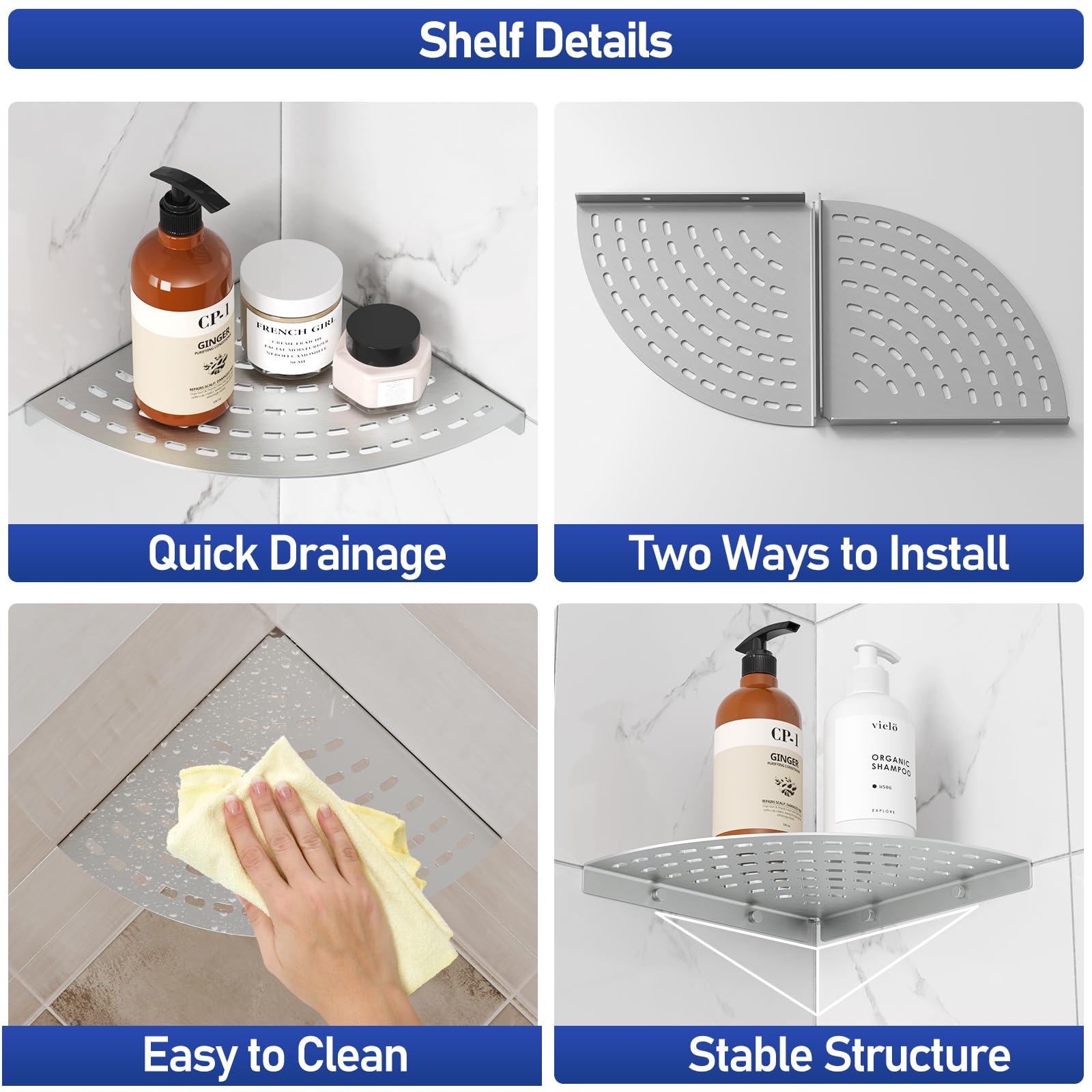 LFBA 2 Pack Corner Shower Shelves 304 Stainless Steel Shower Corner Shelf Brushed Nickel Bathroom 8 in Prevent Rust Drilling Installation