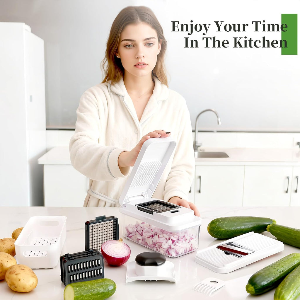 Skiennix 14-In-1 Vegetable Chopper - Versatile Cutter with 7 Blades, Container & Lid | Ideal for Salad & Cheese Grating