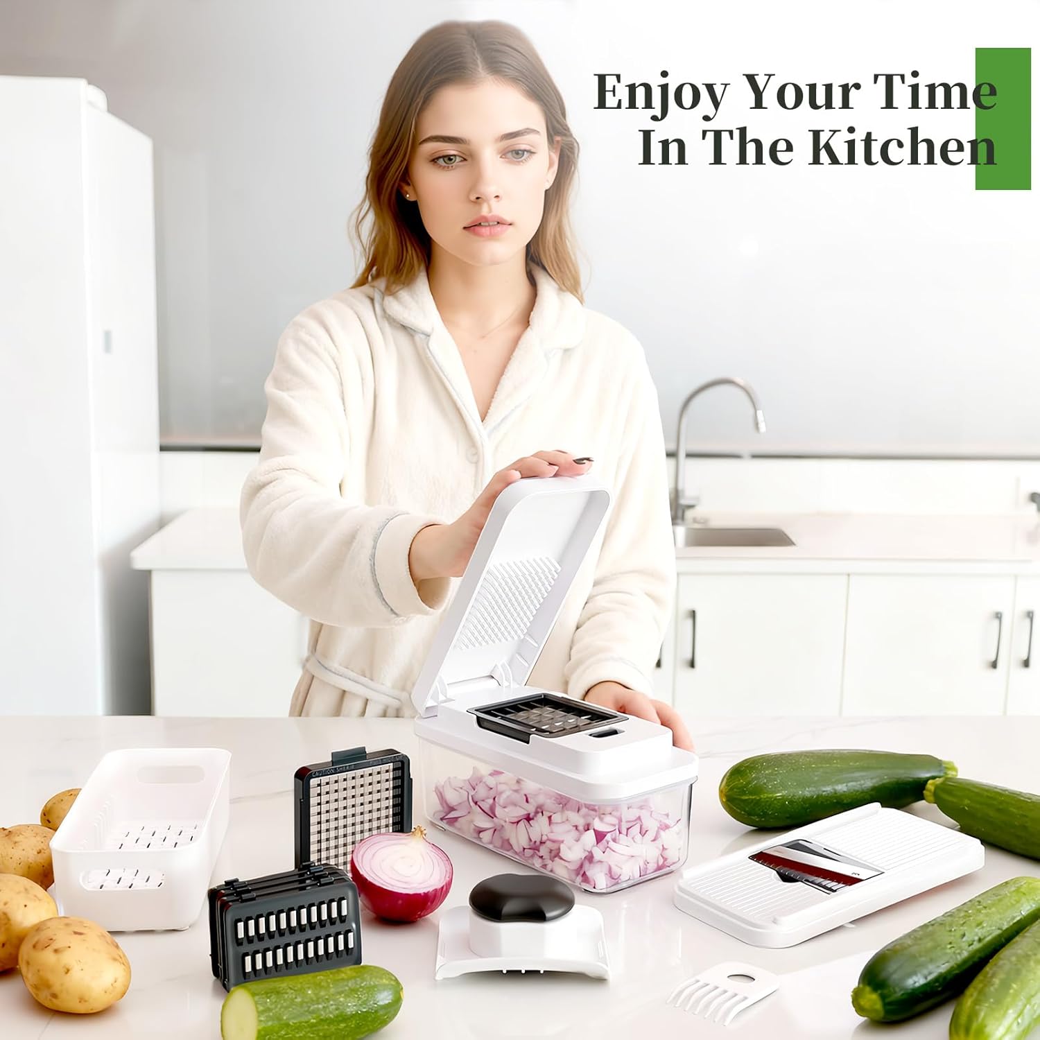 Skiennix 14-In-1 Vegetable Chopper - Versatile Cutter with 7 Blades, Container & Lid | Ideal for Salad & Cheese Grating