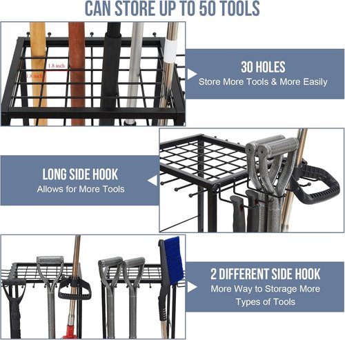 Garden Tool Organizer | Heavy-Duty Steel Holds 50 Long-Handled Tools - Easy Assembly, Black