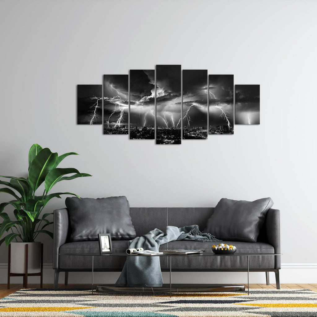 Biuteawal Large 7 Piece Black and White Wall Art Lightning Strikes Painting on Canvas Storm Cityscape Picture Print Nature and City Artwork for Home Office Bedroom Decoration