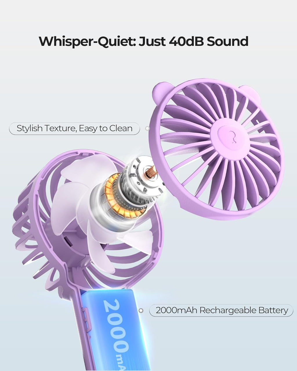 Skiennix Mini Portable Fan - 3 Speed USB-C Rechargeable, 2000mAh Battery, Quiet & Stylish for Travel