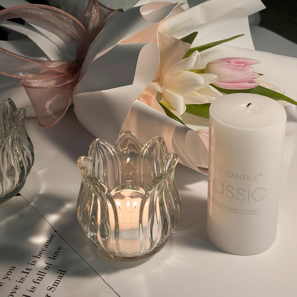 Regine Switzerland Tulip Votive Candle Holders - Set of 6 Clear Glass Tea Light Holders for Elegant Table Centerpieces