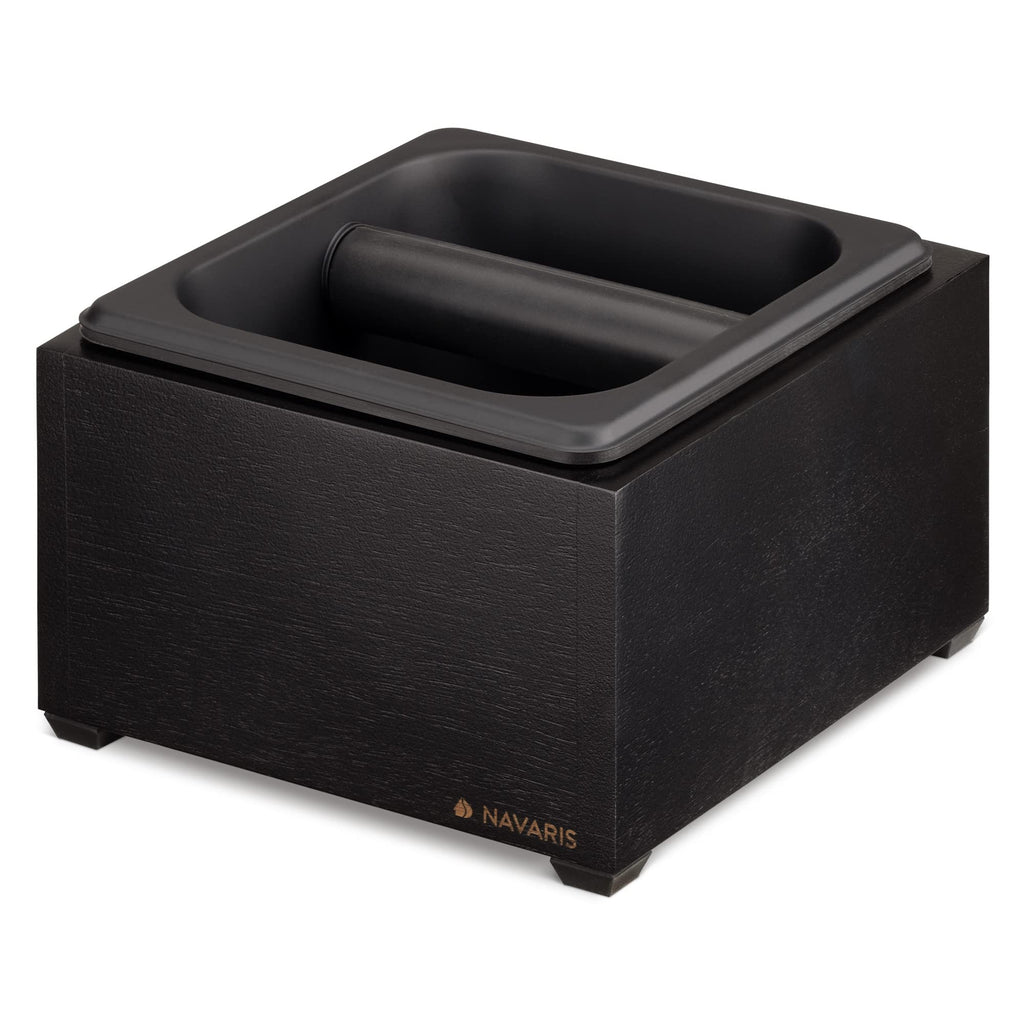 Navaris Coffee Knock Box - Stainless Steel and Wood Bin for Espresso Machine Coffee Grounds - With Silicone Bar for Knocking Filter Grinds - Black