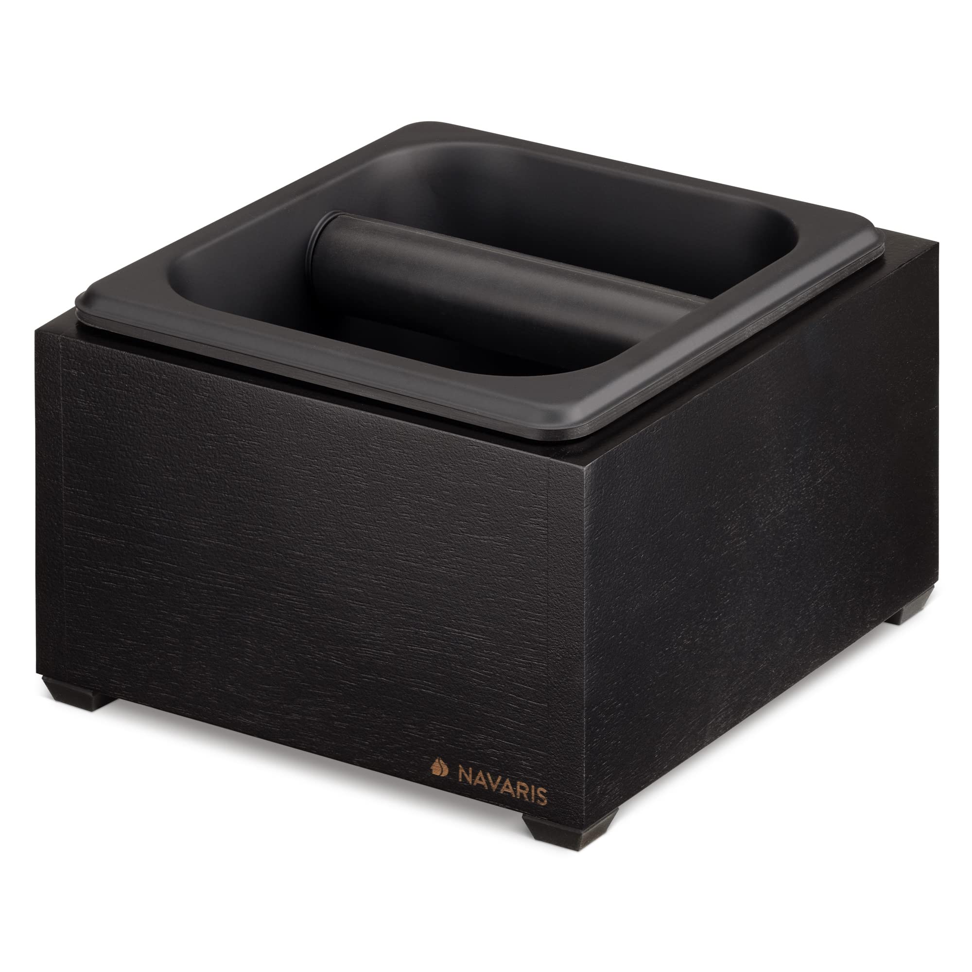 Navaris Coffee Knock Box - Stainless Steel and Wood Bin for Espresso Machine Coffee Grounds - With Silicone Bar for Knocking Filter Grinds - Black