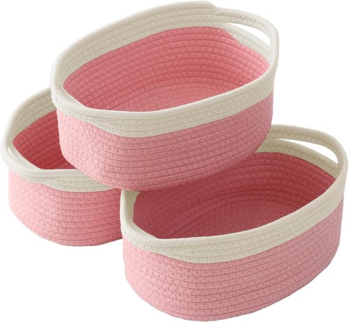JMvicyroam Woven Storage Baskets - Small Rope Organizer with Handles for Shelves & Closets | White & Pink (3 Pack)