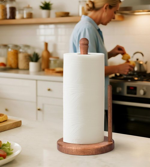 CHAUNCEY HOME Farmhouse Acacia Wood Paper Towel Holder, Weighted Base for Kitchen & Bathroom, One-Handed Operation, EPTHA, Standing Towel Roll Organizer, for Standard & Large Rolls, Large