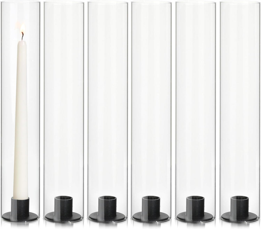 Vixdonos Glass Hurricane Candle Holders - Modern Taper Candlestick Set of 6 | 11.8-Inch Tall for Weddings & Parties