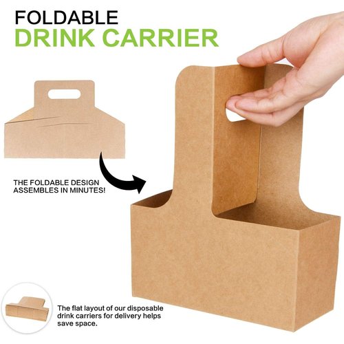 Kaderron 100 Pack Kraft Drink Carrier with Handles - 2 Cups or 4 Cups Assemblable Disposable Paperboard Drink Holders Great for All Your Drink and Food Delivery(2 Cup-100 Pack)