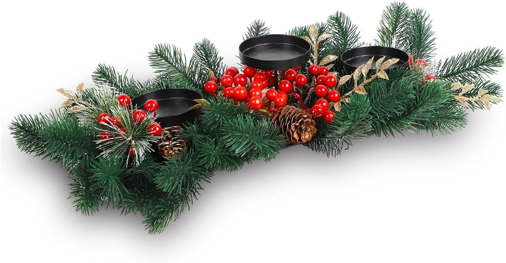 MorTime Christmas Centerpiece - 3 Candle Holders with Red Berries & Pine Cones | Indoor Holiday Decor