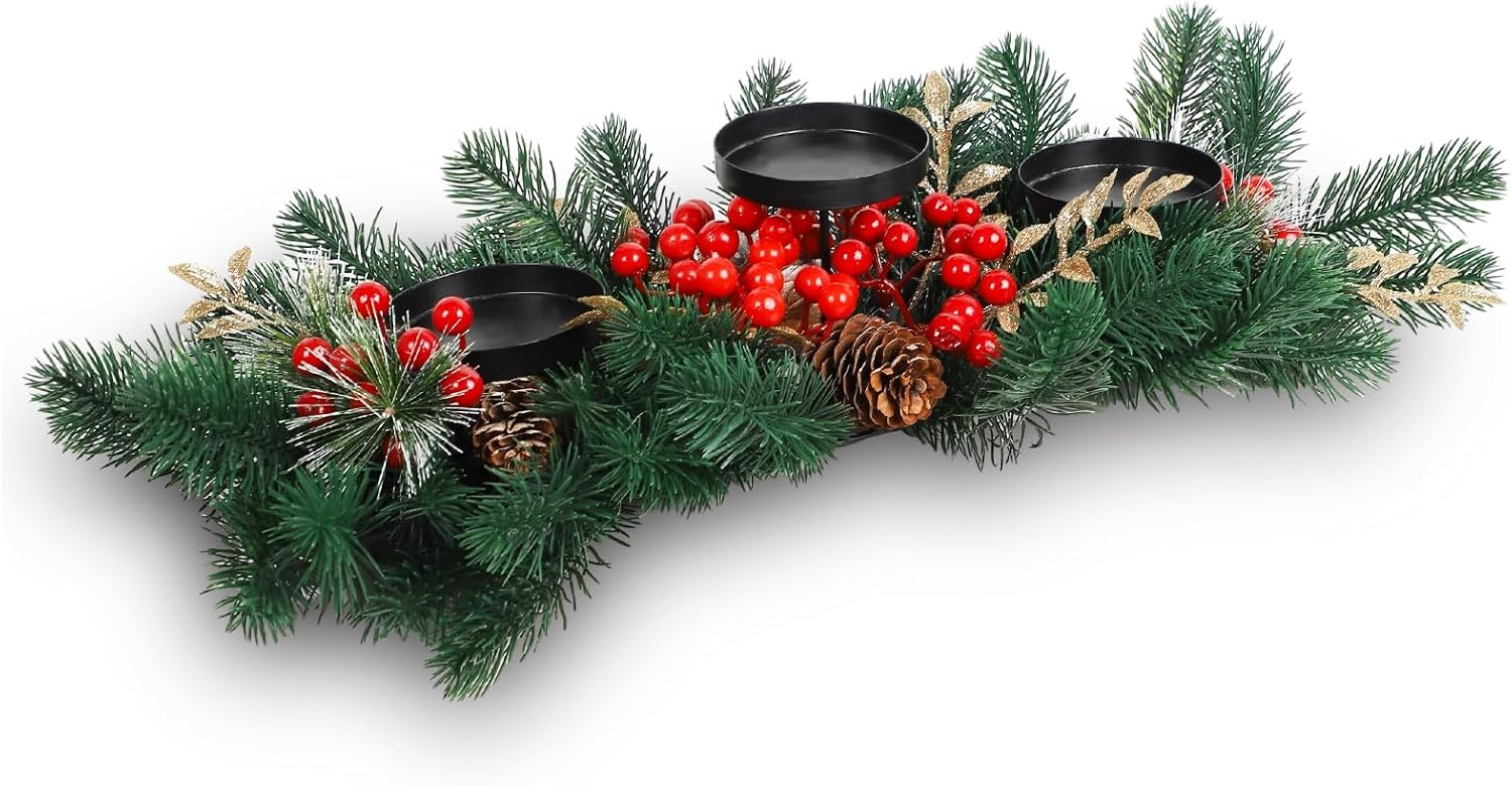 MorTime Christmas Centerpiece - 3 Candle Holders with Red Berries & Pine Cones | Indoor Holiday Decor