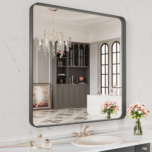 LOAAO Black Metal Framed Bathroom Mirror - 32x32 Inch, Anti-Rust, Versatile Horizontal/Vertical Hangs