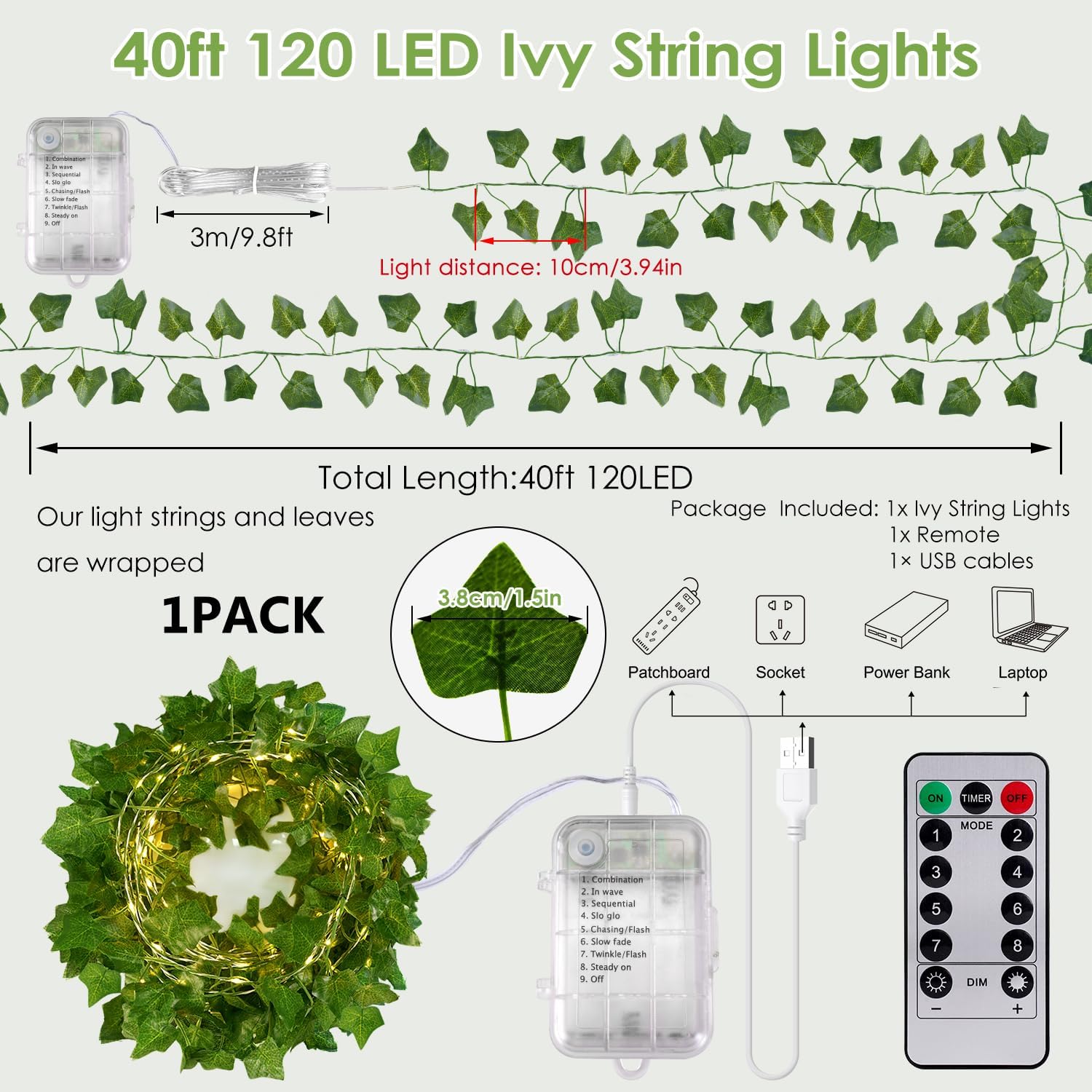 Skiennix 40ft LED Vine Fairy Lights - Battery Operated Ivy String Lights with Remote & Timer | Warm White for Indoor Decor