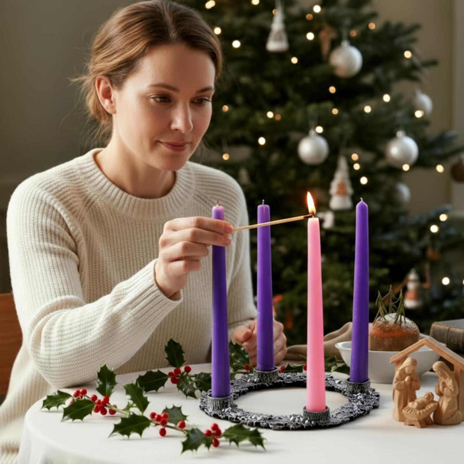 Shellwei Advent Wreath Candle Holder - 8 Inch Metal Design with Holly Berry Leaves for Christmas Decor