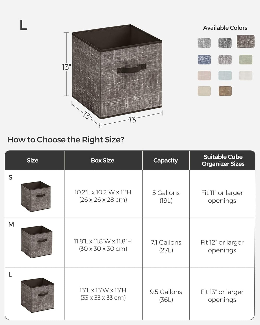 SONGMICS Storage Cubes - 13-Inch Non-Woven Fabric Bins with Double Handles - Set of 6, Walnut Color for Closet Organization