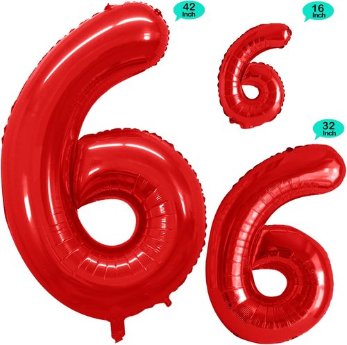 GOER Red Foil Number 6 Balloons - Huge 42" & 32" Birthday Party Decorations (3 Pcs)