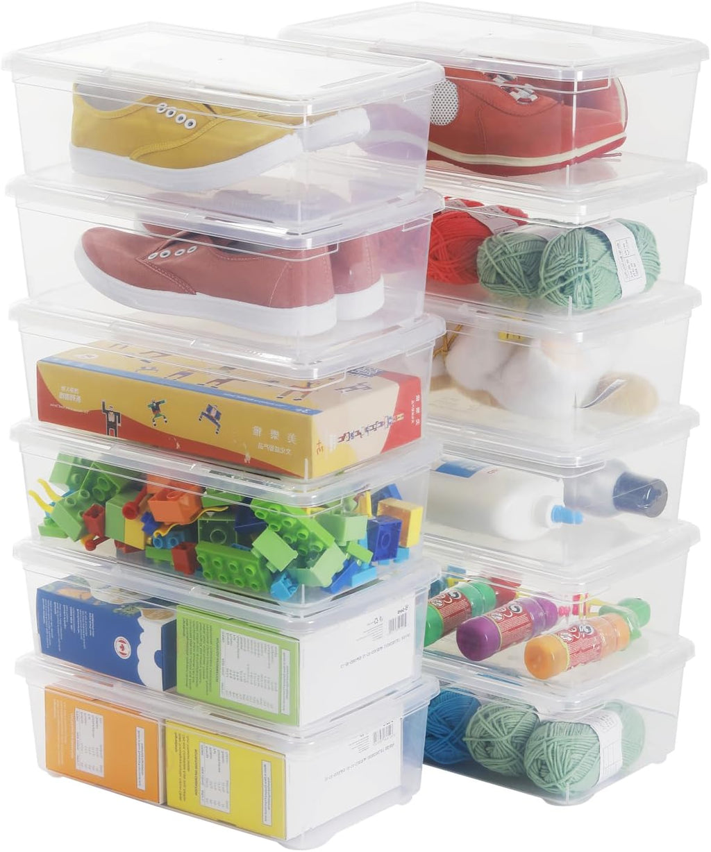 Stackable Plastic Storage Shoebox - BPA-Free Nestable Containers with Latching Lid | 6 Quart, Transparent, 12 Pack