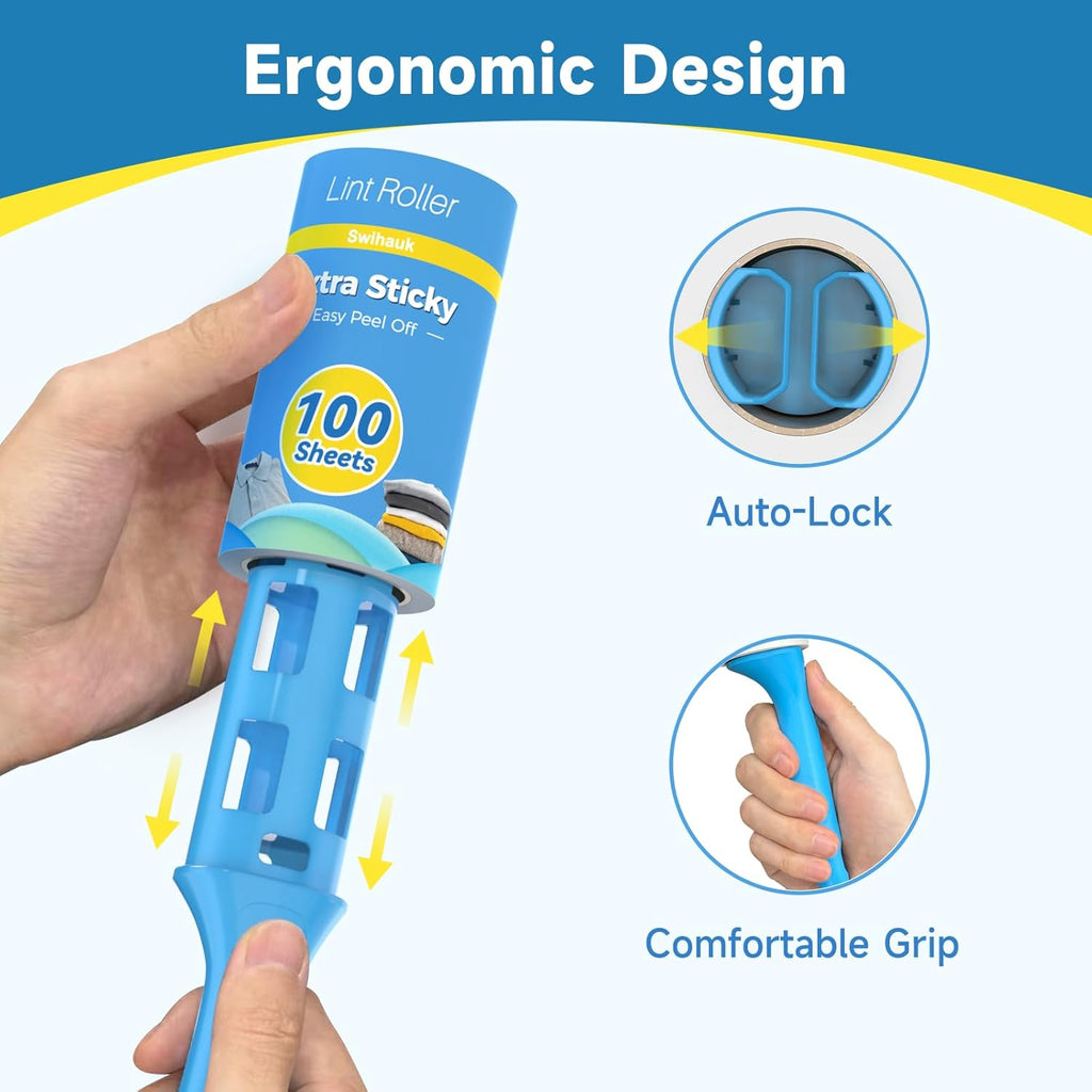 Swihauk Lint Rollers - 600 Sheets Extra Sticky Pet Hair Remover with Ergonomic Handle | Ideal for Clothes, Furniture & Car Seats