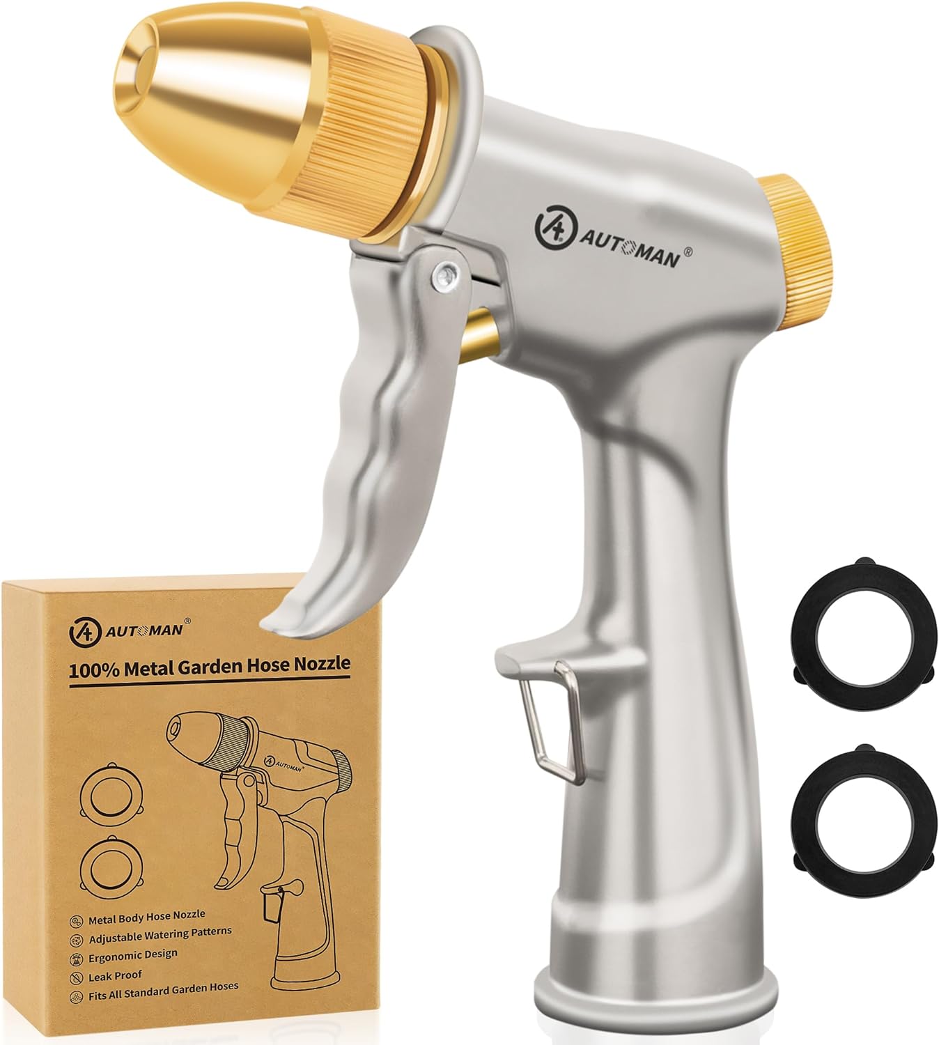 AUTOMAN Garden Hose Nozzle - Heavy Duty Metal Sprayer with 4 Patterns for Watering & Washing