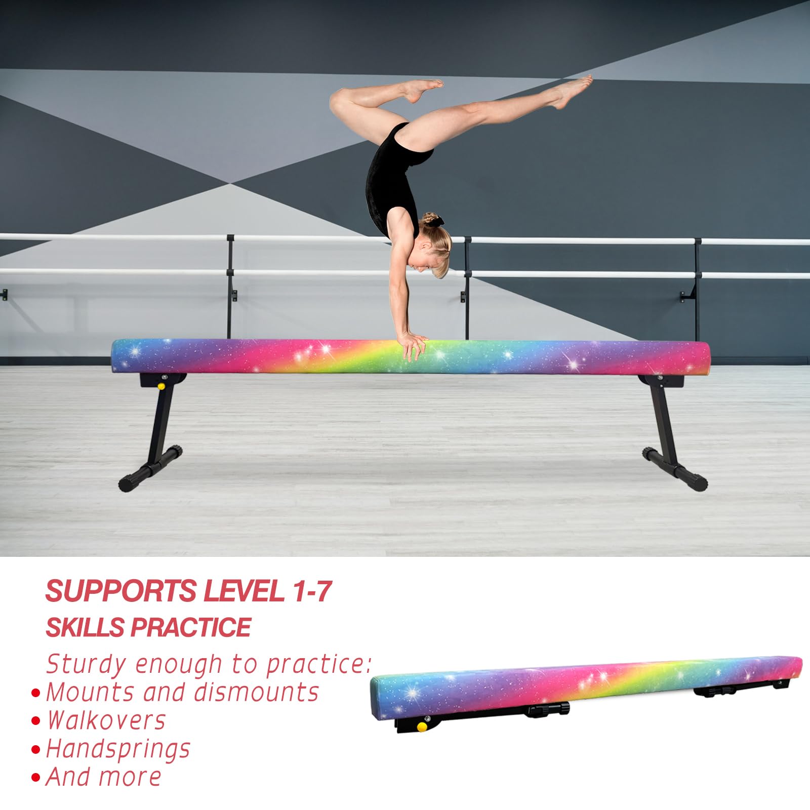 86 York 6ft/8ft Gymnastics Balance Beam, High and Low Floor Beam Gymnastics Equipment for Kids/Adults,Gymnastics Beam for Training (Rainbow, 6FT)