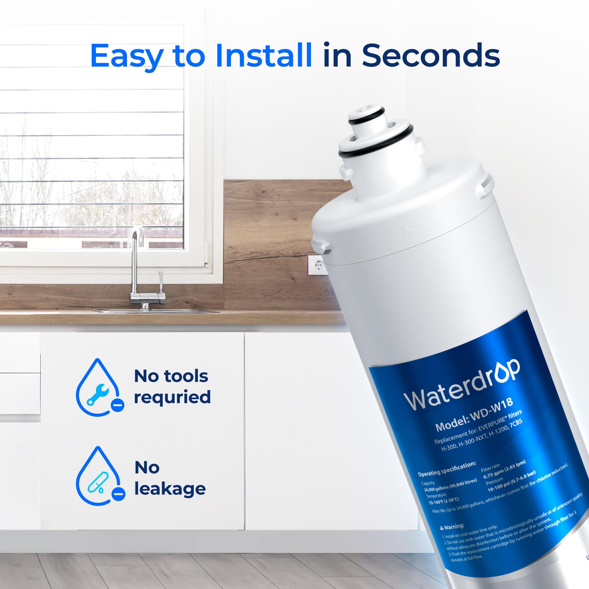 Waterdrop H-300 Under Sink Water Filter, Replacement Cartridge for Everpure H-300, H-300-NXT, 7CB5, EV9270-71, EV9270-72, EV9618-11, EV9855-50, EV9282-01, 24000 Gallons, Pack of 1